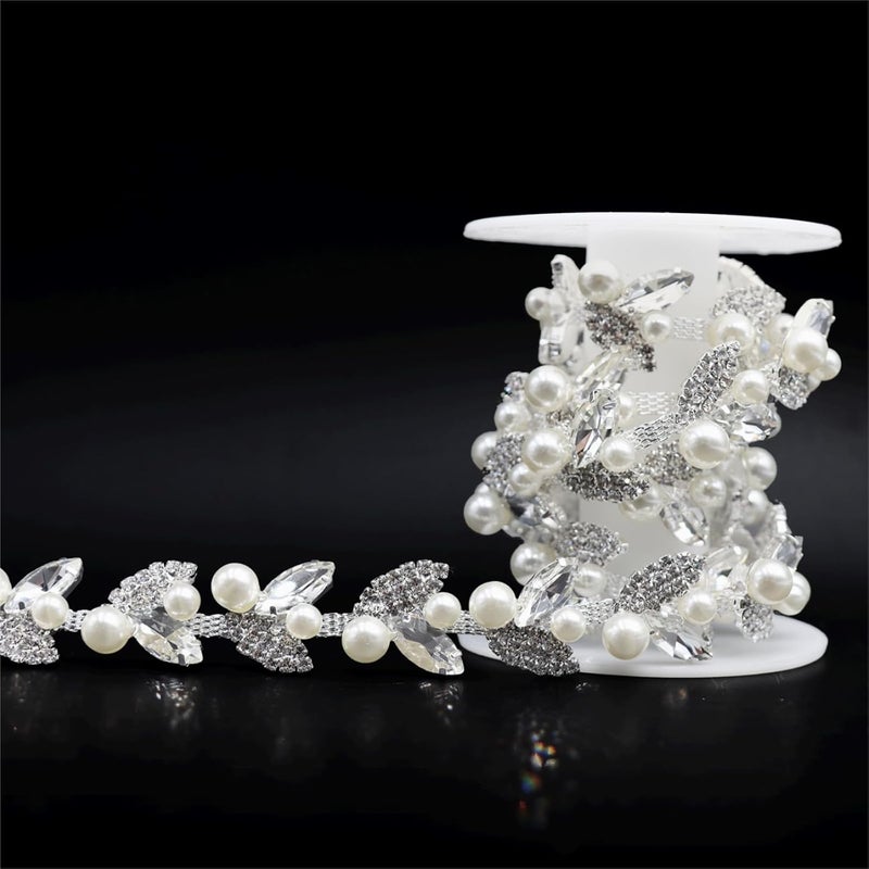 Jerler 1 Yard Pearl Tassel Rhinestone Trim, Inlaid Pearl Beaded Chain, Crystal Applique Ideal for DIY and Wedding Party Decoration Bridal Embellishments, 0.78" Width (Tassel-11, 1 Yard) - Image 4